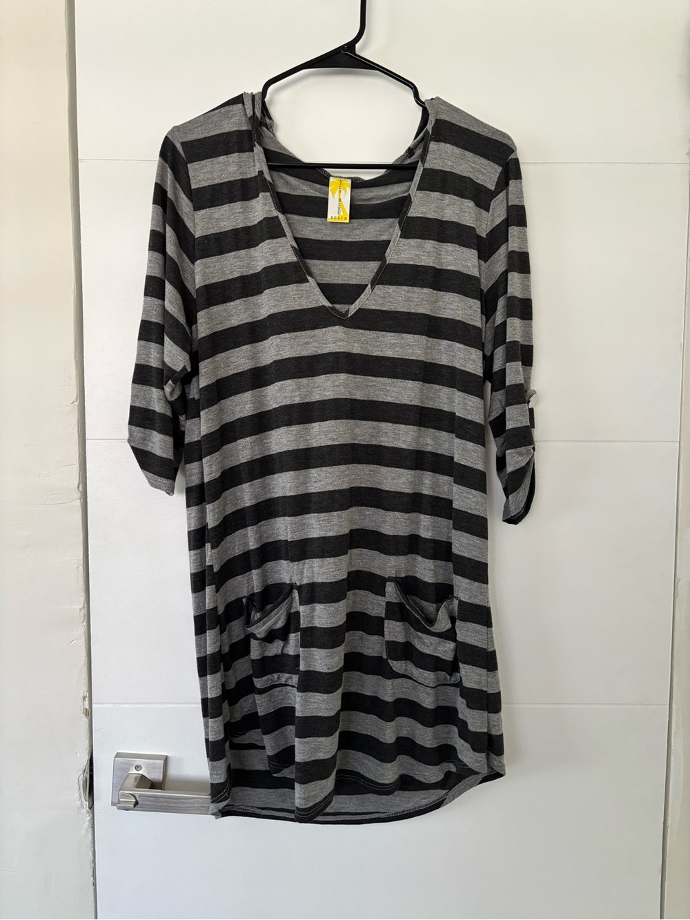Lily Bleu Beach Black & Gray Striped V-Neck Tunic with Pockets and hoodie
